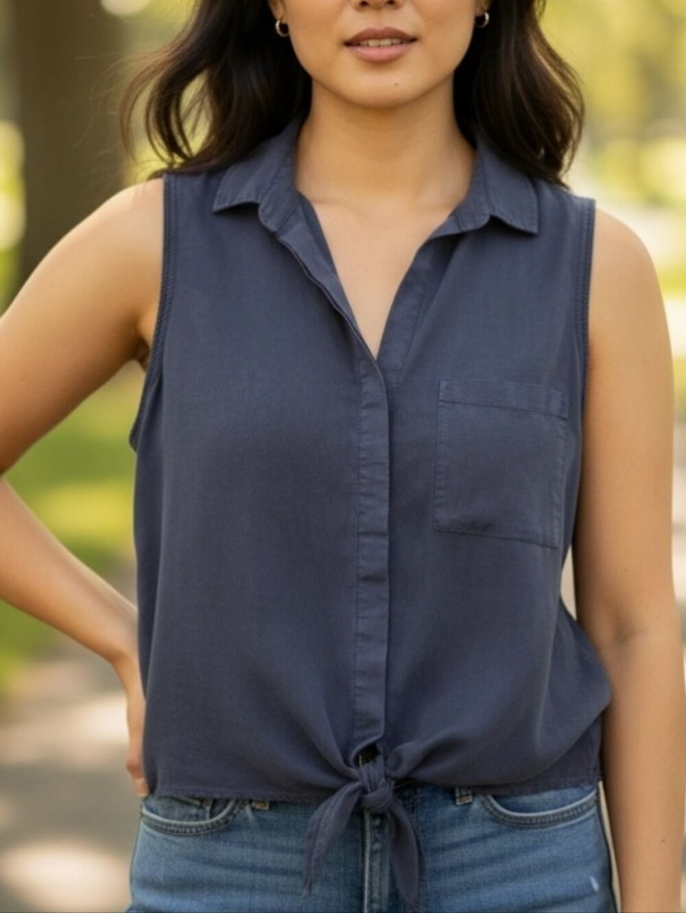Cloth & Stone Women's Sz XL Black Chambray Tie Front Button Down Top Soft Casual